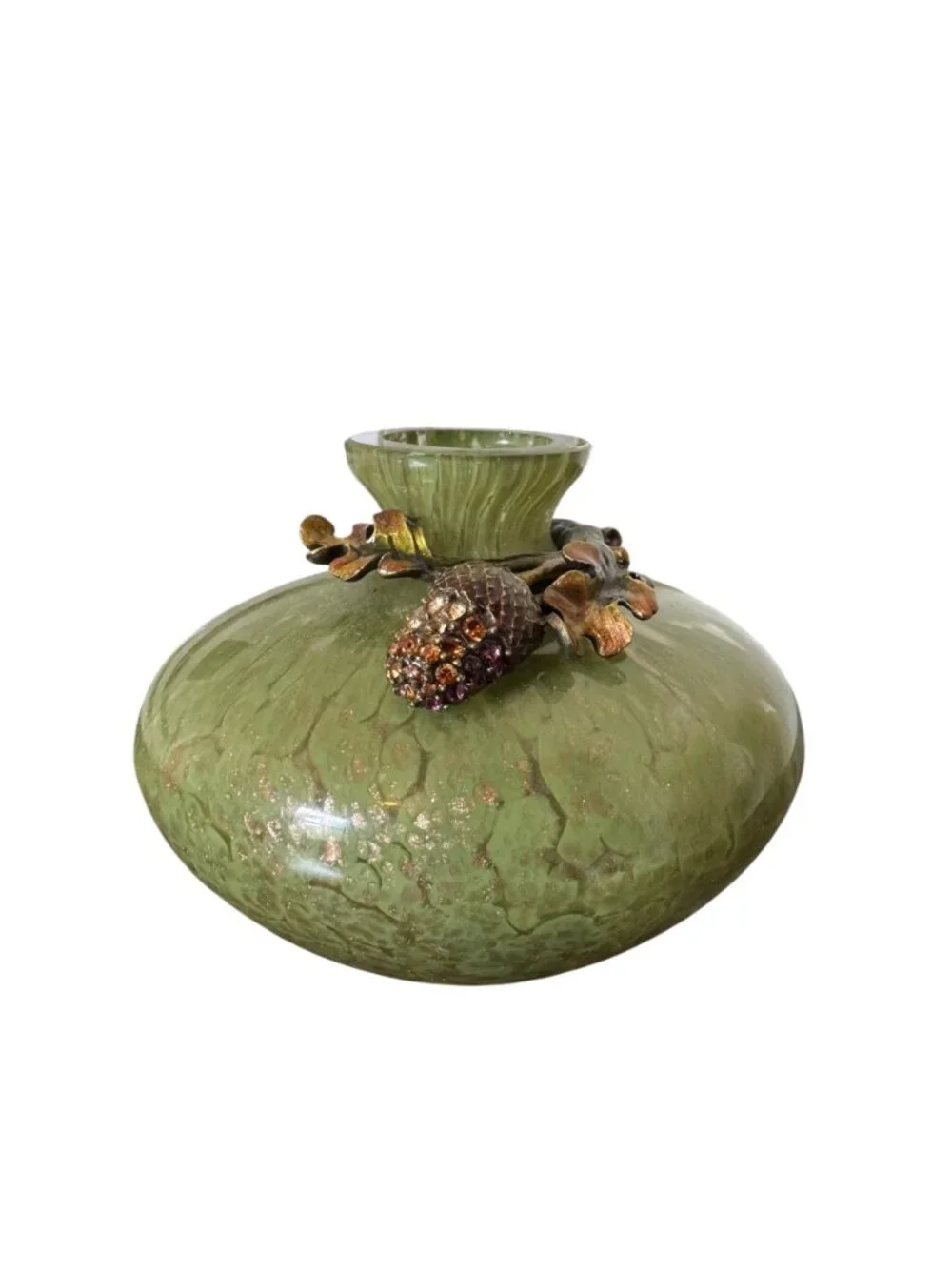 Vintage Jay Strongwater Swarovski Enamel Hand Blown Green/Gold Glass Acorn Vase